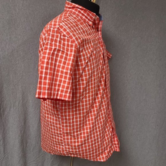 Chaps Easy Care Mens Large Orange Plaid Short Sleeve Button Up Logo Shirt - Picture 8 of 13